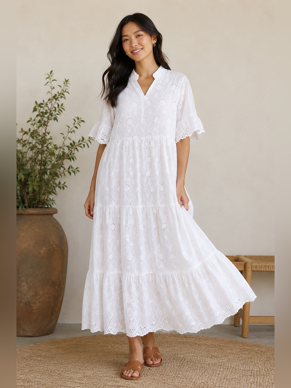 White Eyelet Tiered Ruffled Sleeve Maxi Dress Cottagecore Prairie 2XL